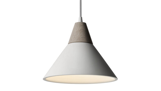 Modern cone pendant lamp with wood accent, isolated on transparent background