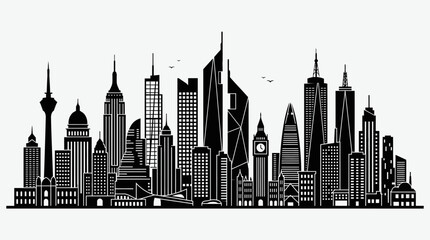 Obraz premium Black silhouette of modern city skyline with tall skyscrapers.