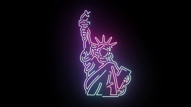 Luminous neon light animation showcasing the Statue of Liberty icon with glowing cyan and pink outlines flickering against a pitch black background representing freedom and American heritage