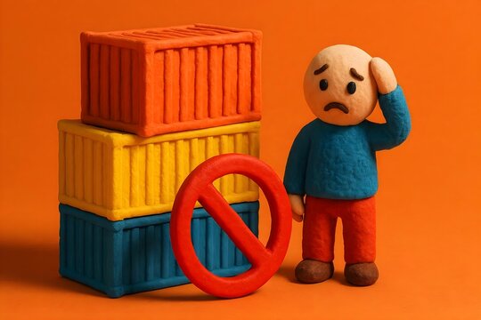 Frustrated 3D character with stacked colorful shipping containers and a red forbidden sign representing trade embargo