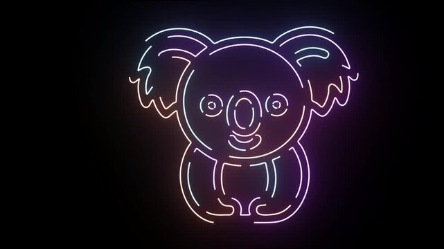 Cute glowing neon koala bear icon with flickering multi colored lights shifting in purple and blue and yellow colors on a dark black background ideal for creative designs and modern animations