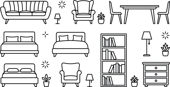 Home furniture interior decor vector line art set with sofa bed chair table and bookshelf icons