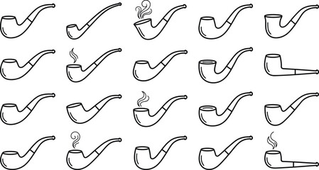 Fototapeta premium Vintage smoking pipe vector line art set with classic wooden shapes and swirling smoke design elements