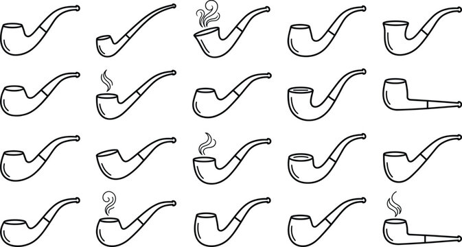 Vintage smoking pipe vector line art set with classic wooden shapes and swirling smoke design elements