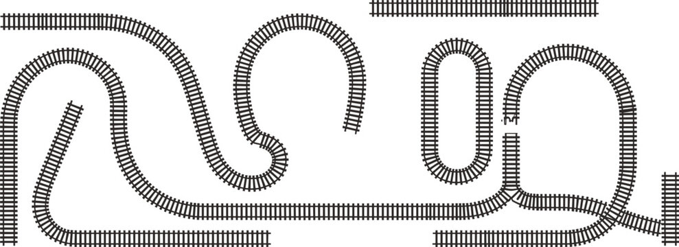 Complex railway track constructor set, featuring curved segments, interlocking loops, and straight railroad paths, isolated on white for transit map design.