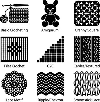 Comprehensive guide to crochet styles including basic crocheting amigurumi granny square filet crochet c2c cables textured lace motif ripple chevron broomstick lace.