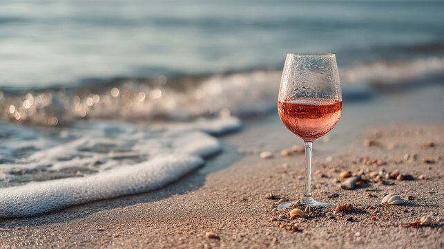 Glass of rose wine standing on sandy beach shore with vacation, beverage