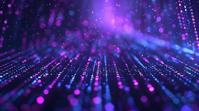 Abstract digital DATA render, dark blue purple background, glowing 3D binary code letters, particle bokeh lights scattered, dramatic depth, futuristic technology cinematic render