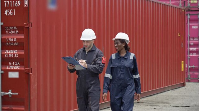 Diverse Two Workers in Coveralls Consulting at Shipping Container Yard During Inspection