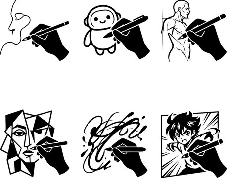 Artistic hand drawing process icons showing different styles from abstract lines to realistic anatomy and anime character sketches with pen and pencil on background.