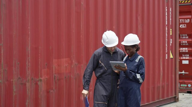 Diverse Two Workers in Coveralls Consulting at Shipping Container Yard During Inspection
