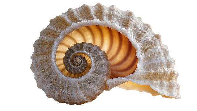 Detailed spiral seashell with textured exterior, isolated on transparent background