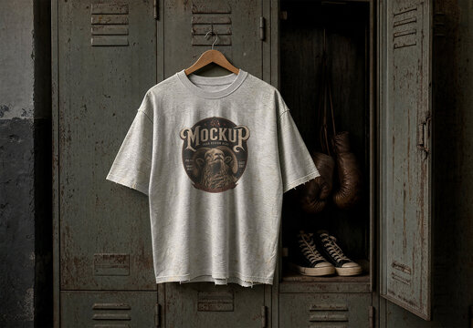 T-Shirt Mockup in Vintage Locker Room with Boxing Gloves