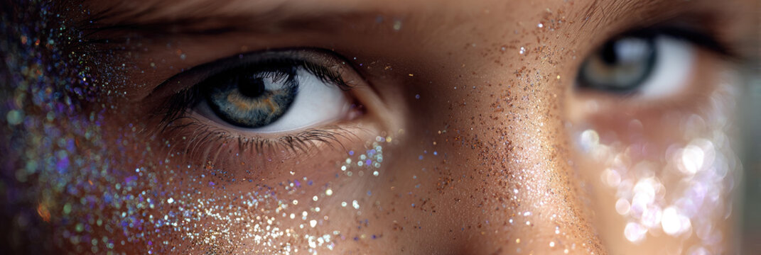 Young person's eyes with sparkling gold and silver glitter makeup around them, highlighting beauty and glamour for a festive occasion or bold artistic expression