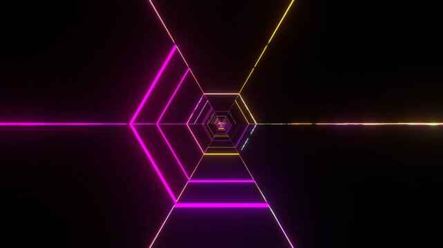 10 seconds seamless looping retro graphical neon psychedelic fly through hexagon tunnel  black background animation motion graphics screensaver visualizer HD-video