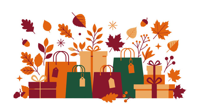 A vibrant autumn scene featuring gift boxes and shopping bags adorned with fall leaves, perfect for seasonal promotions and holiday sales