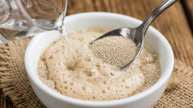 Water activating dry yeast granules in a white bowl, preparing for baking