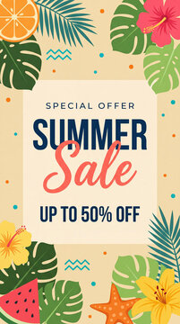 Graphic summer sale promotional banner with tropical plants and fruits, festive sale typography, vertical format for summer promotion