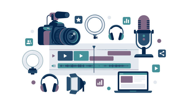 Creative multimedia production equipment and editing timeline illustration