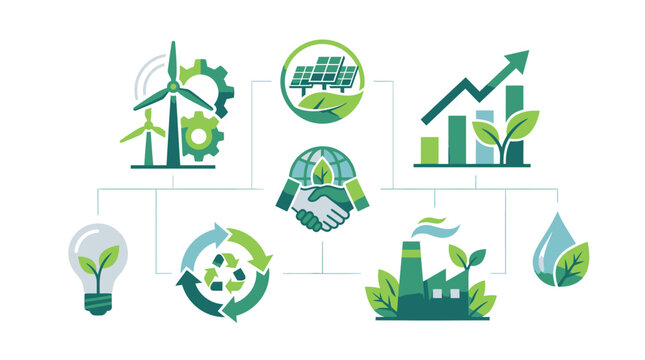 Vector illustration of green energy and sustainable development icons. Represents renewable power, eco-friendly industry, recycling, and environmental protection for a healthy future