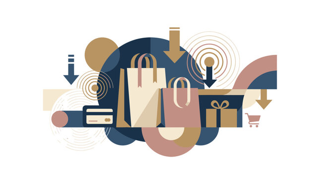 Abstract illustration of shopping bags, gift box, credit card, and shopping cart with arrows suggesting sales and discounts
