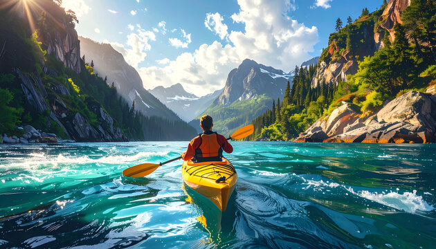 Person kayaking on a pristine turquoise lake surrounded by majestic snow-capped mountains and lush green forests during a sunny day, adventure and exploration