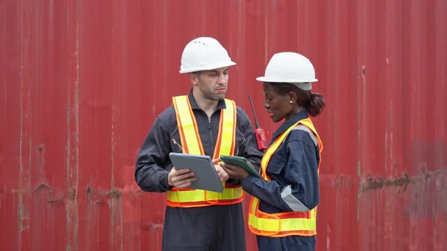 Two Workers in Safety Vast Consulting at Shipping Container Yard During Inspection