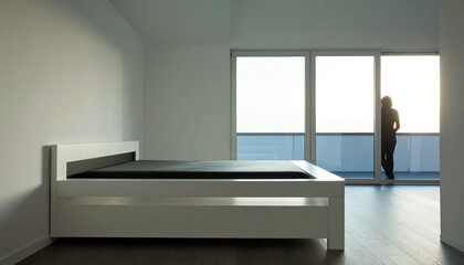 Fototapeta premium Minimalist Bedroom with Large Window and Solitary Figure.