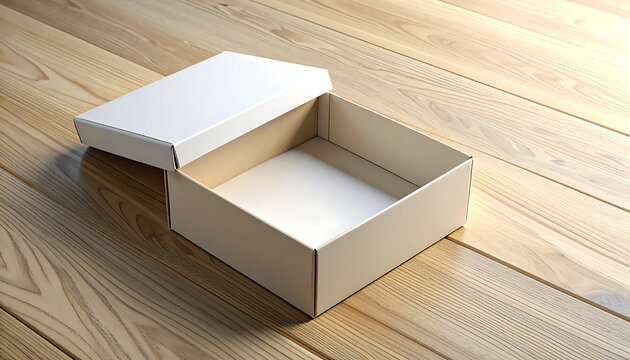 Open blank white cardboard box with lid nearby on a light wood grain surface, empty packaging, product display, delivery concept