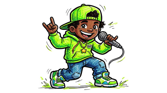 Energetic kid rapper with microphone urban setting cartoon style high fidelity