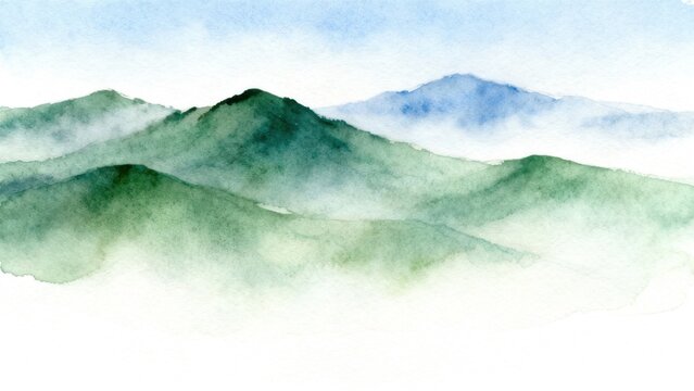 Watercolor painting of green mountain landscape