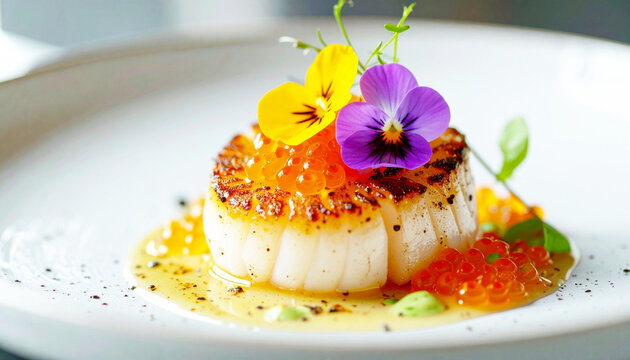 Scallop dish with a pansy flower and caviar garnish, fine dining. AI