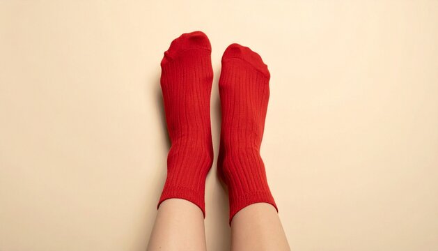 Top view of a person wearing bright red ribbed cotton socks on a light beige background