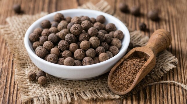 Whole and ground allspice berries in a bowl and scoop on rustic wood