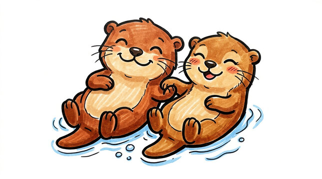 Happy otters floating together digital illustration playful environment cute concept