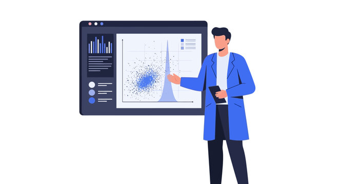 Data Analyst Presenting Statistical Dashboard with Scatter Plot and Bell Curve Flat Vector Illustration