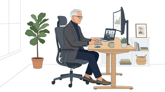 Businessman works on a desktop computer at his clean modern office desk.