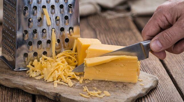 Close-up of hand grating cheddar cheese on rustic wooden surface