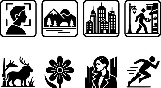 Camera mode icons for digital photography interface showcasing portrait landscape city street sports macro wildlife and artistic profile settings for photo editing.