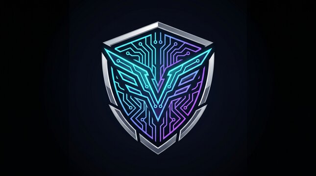 Futuristic cyberpunk tech emblem featuring a metallic shield badge with glowing neon cyan and purple circuit board patterns, modern gaming and cybersecurity logo isolated on black background.