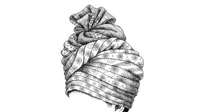 Intricate Line Art Drawing of a Detailed Balinese Udeng Headpiece, Cultural Headwear Illustration, Artistic Design
