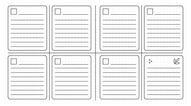Set of eight blank note cards with lines and checkboxes on dot grid