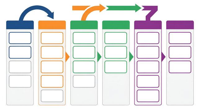 Infographic template with six vertical columns and flow arrows