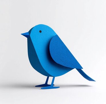 children&rsquo;s book style illustration of a blue bird in flight, side profile facing right, simple construction paper cutout look, clean shapes, white background