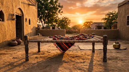 Fototapeta premium vintage bed wooden cot traditional indian furniture handmade bed frame rustic home decor indian village scene desi style charpoy handwoven rope bed cozy outdoor seating