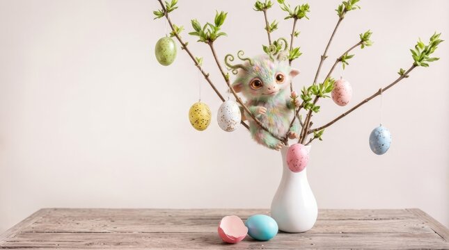 Whimsical creature peeks from a vase adorned with colorful Easter eggs and budding branches.