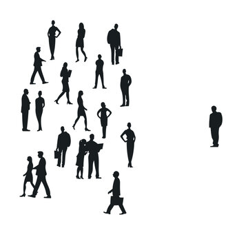 Silhouetted business people form a crowd on one side, with a single individual isolated on the other, symbolizing community, individuality, loneliness, social distance, or being an outsider