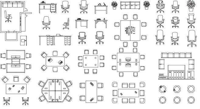 Office furniture top view floor plan symbols set for architectural interior design projects in vector line art