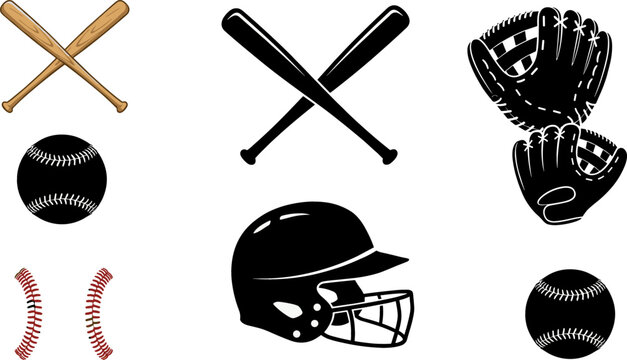 Baseball Sport Silhouette Vector Icon Set with Crossed Bats Black Balls Catchers Mitt Protective Helmet and Seam Stitching Graphic Elements