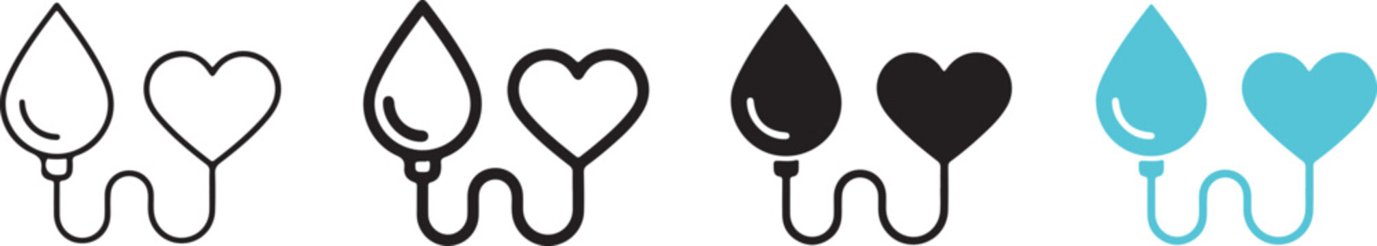 Blood donation icons set with drop and heart shapes